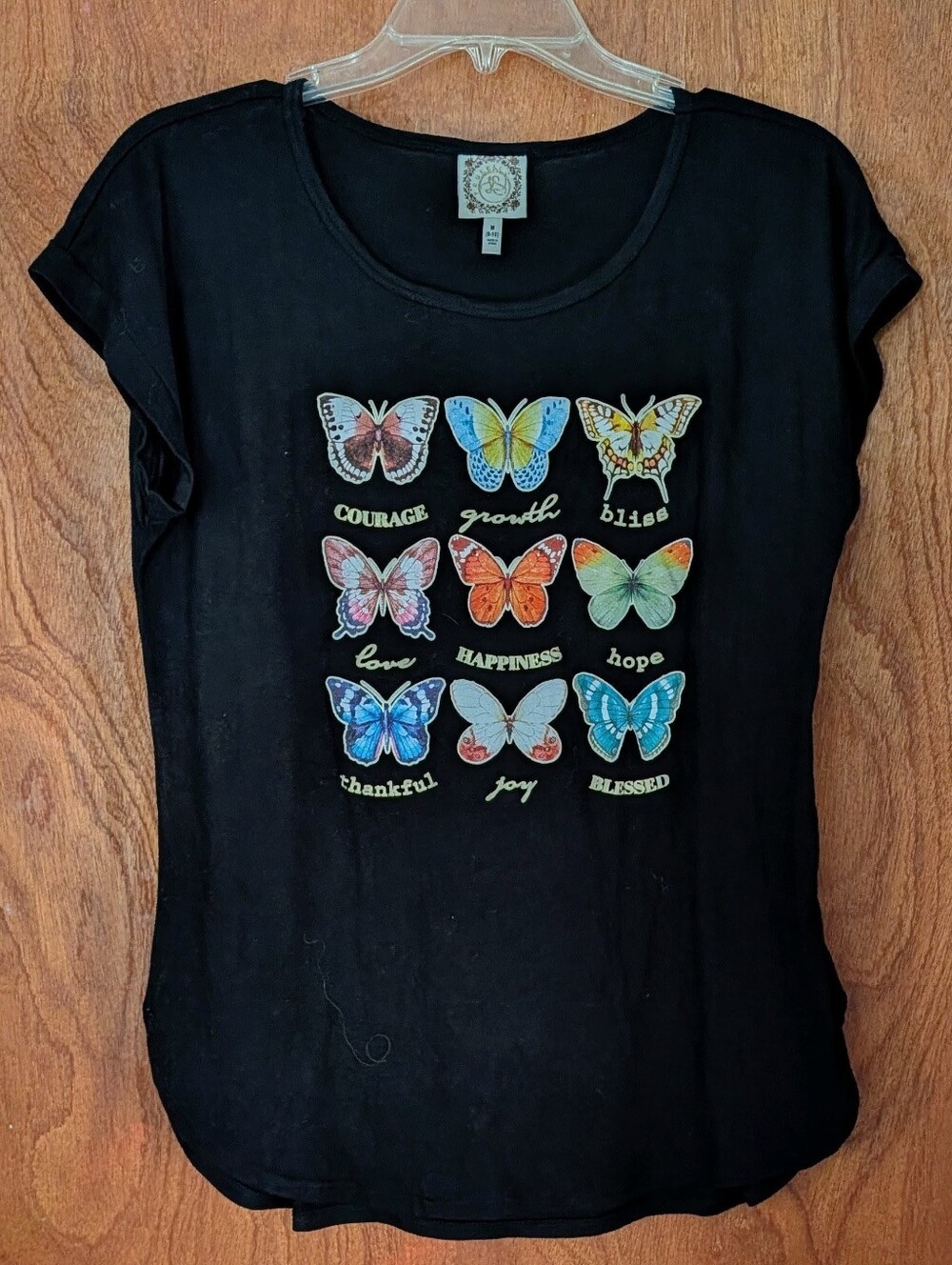 Black Short Sleeve Tee with Colorful Butterfly Grid